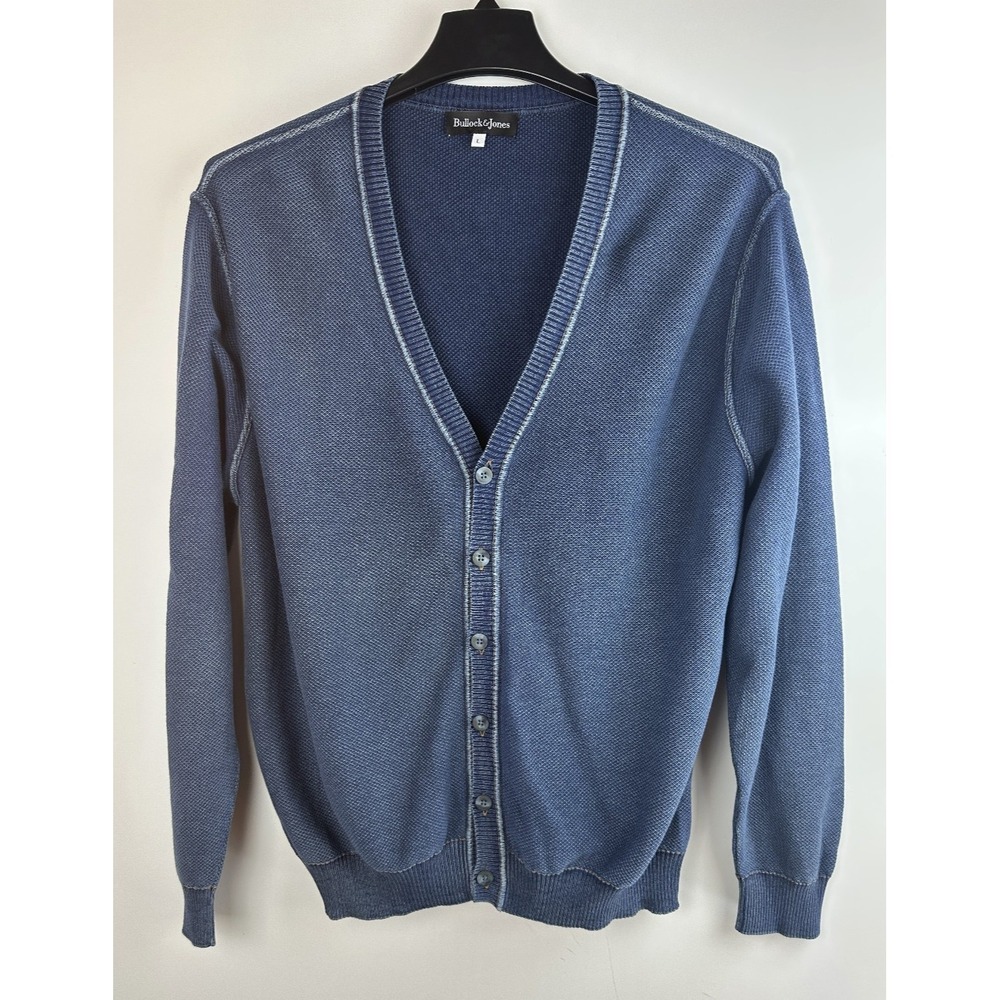 Bullock & Jones Indigo Cotton Cardigan Sweater Mens Large Blue Textured Peru - Picture 10 of 12